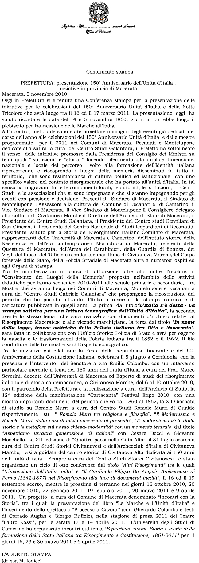 Comunicato stampa della Prefettura di Macerata a presentazione delle iniziative nella Provincia di Macerata