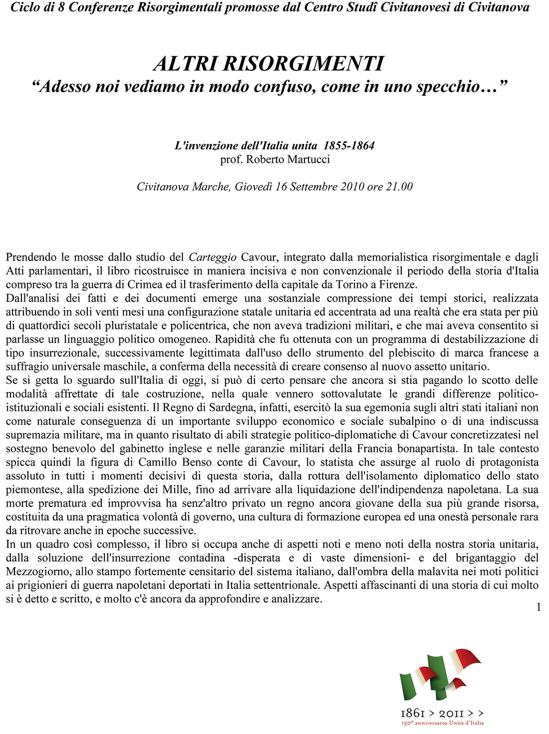 Roberto Martucci -Abstract- Conferenza: L'invenzione dell'Italia Unita (1855 - 1864).