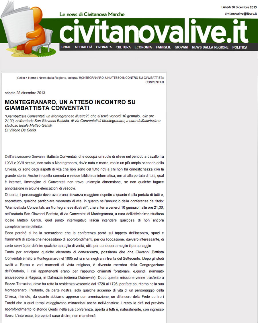 Montegranaro. Un atteso incontro su Giambattista Conventati. Articolo apparso sul giornale on-line Civitanovalive.it sabato 28 dicembre 2013 a firma di Vittorio De Seris