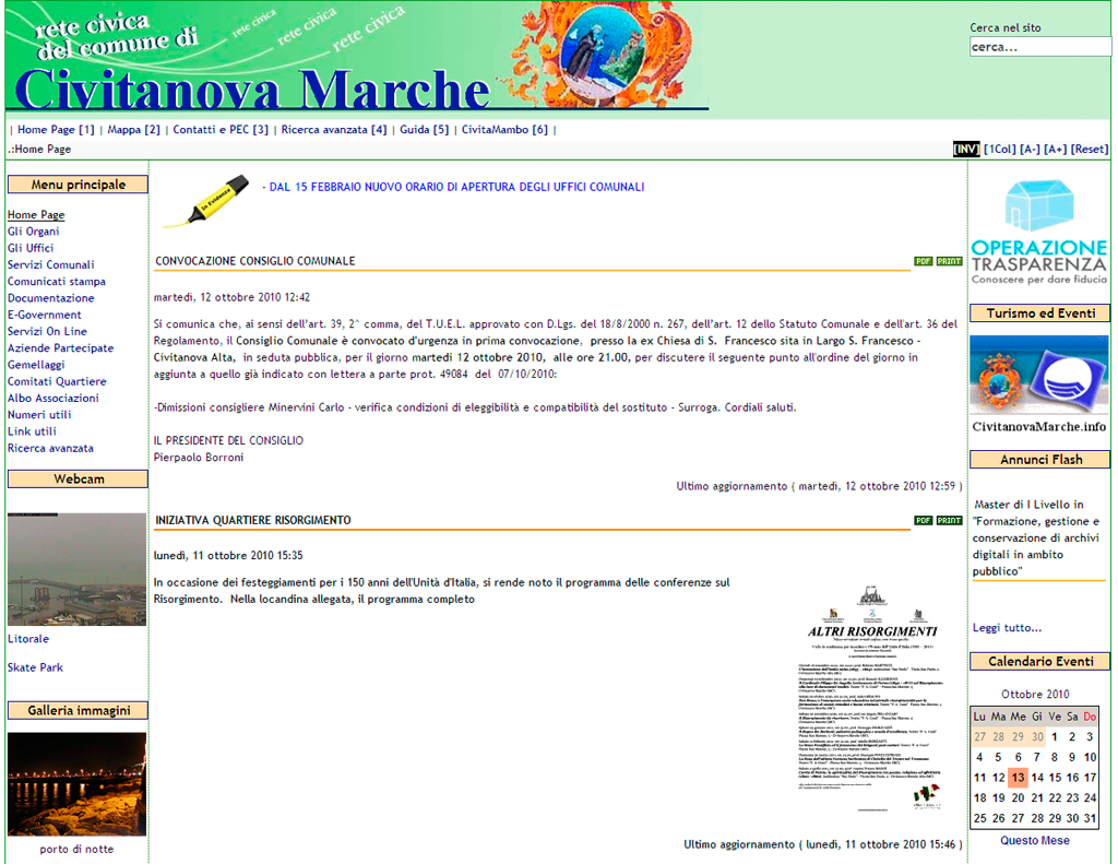 Home Page del sito del Comune di Civitanova del 13 ottobre 2010 alle ore 9.50