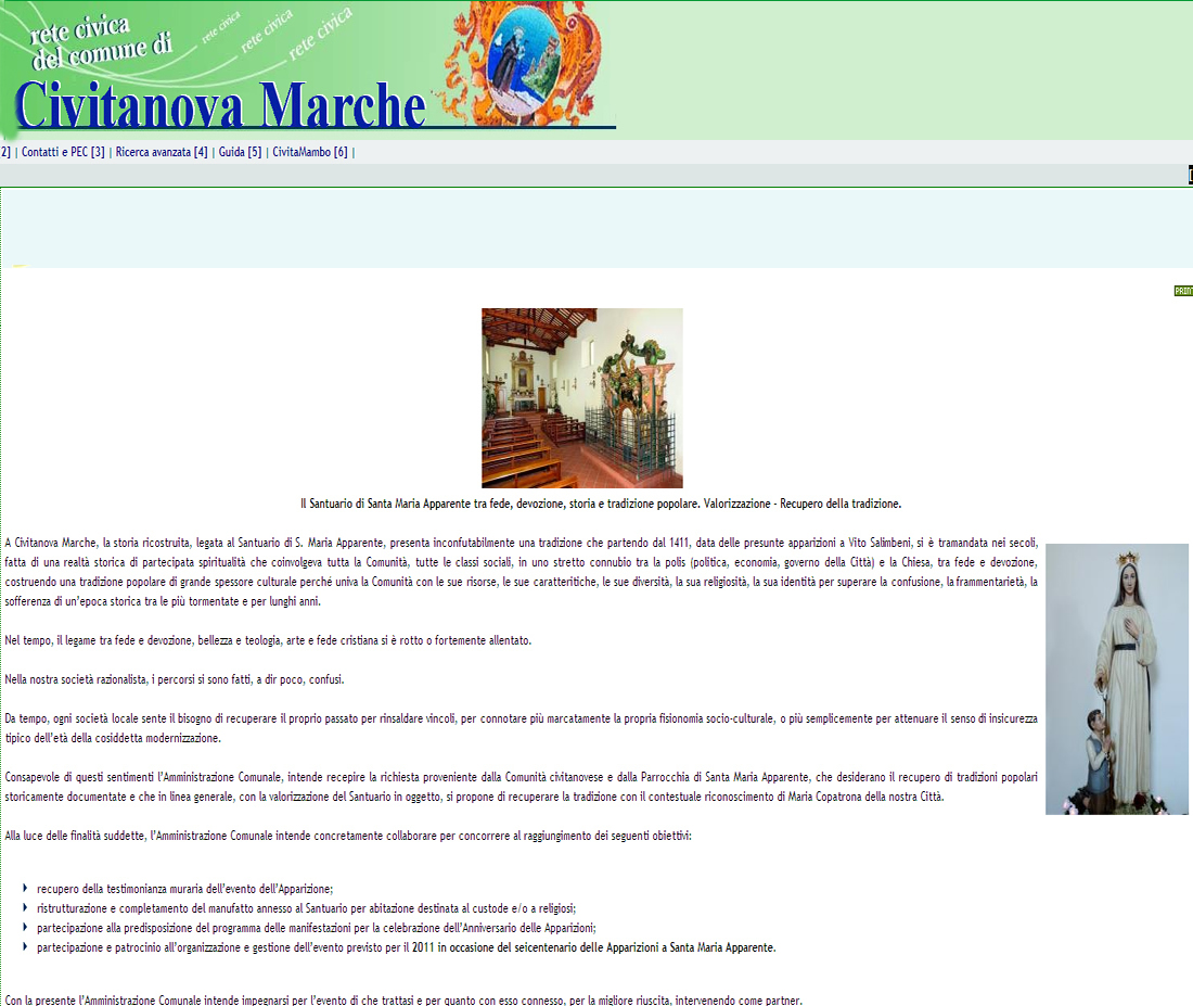 Pagina dal sito internet del Comune di Civitanova Marche dedicata al Santuario di Santa Maria Apparente