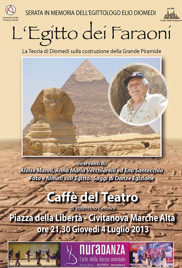 Giovedi 4 luglio 2013 alle ore 21,30 presso il Caffè del Teatro in piazza della Libertà a Civitanova Marche Alta - conferenza di egittologia curata dall'Archeoclub di Civitanova Marche e dal Centro Studi Civitanovesi