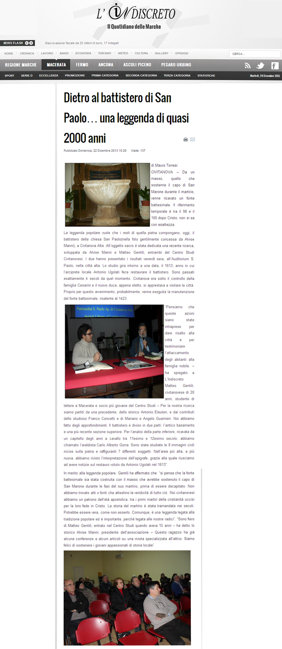 Articolo su L'Indiscreto del 22 dicembre 2013 sulla conferenza sul battistero della chiesa di San Paolo a Civitanova Alta tenuta da Alvise Manni e matteo Gentili del Centro Studi Civitanovesi