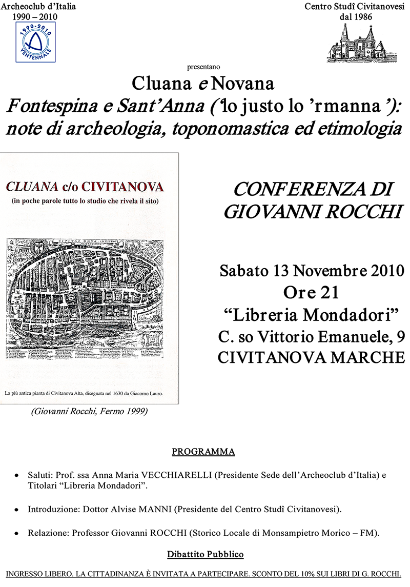 Locandina della conferenza di Giovanni Rocchi su Cluana e Novana. FOntespina e Sant'Anna, note di archeologia, toponomastica ed etimologia. - Sabato 13 novembre, ore 21 presso la Libreria Mondadori a Civitanova Marche.