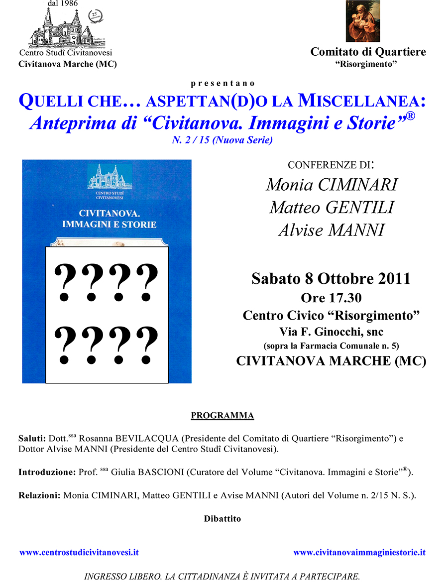 Anteprima del numero 15 di Civitanova. Immagini e Storie. Sabato 8 ottobre 2011 ore 17.30 - Centro Civico Risorgimento in via Ginocchi a Civitanova Marche.