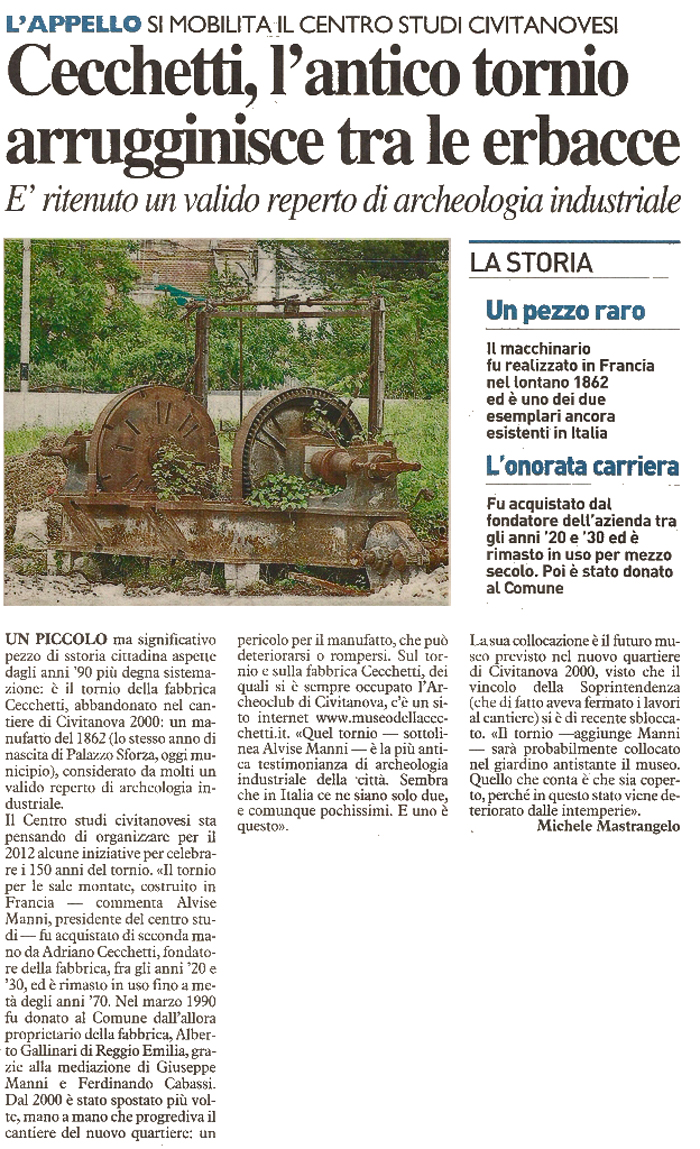 Resto del Carlino del 28 ottobre 2011: Tornio ex Cecchetti.