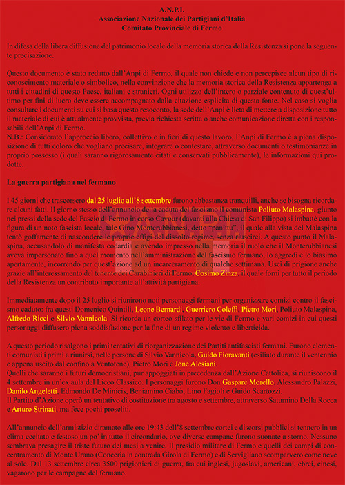 Prima pagina del documento a cura del Comitato Provinciale dell'A.N.P.I. di Fermo sulla lotta partigiana nel fermano - 2010