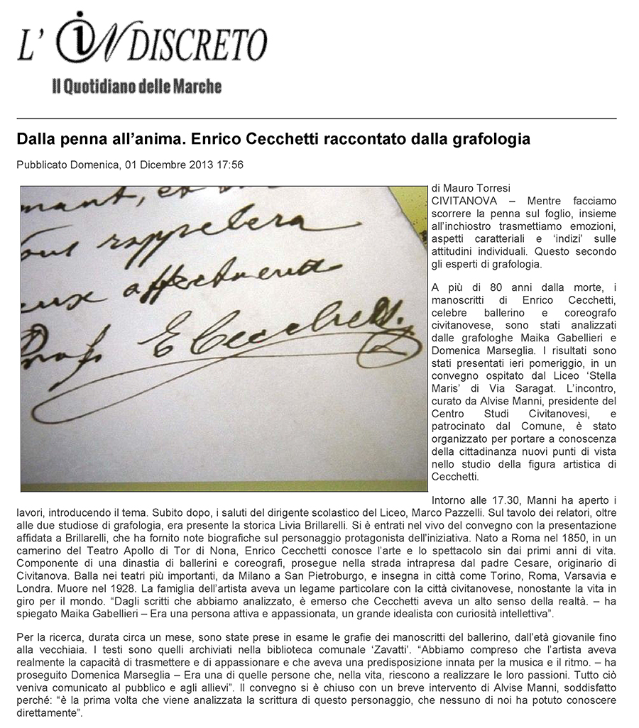 Articolo di Mauro Torresi sul quotidiano on-line L'Indiscreto delle Marche - pubblicato domenica 1 dicembre 2013 alle ore 17:56